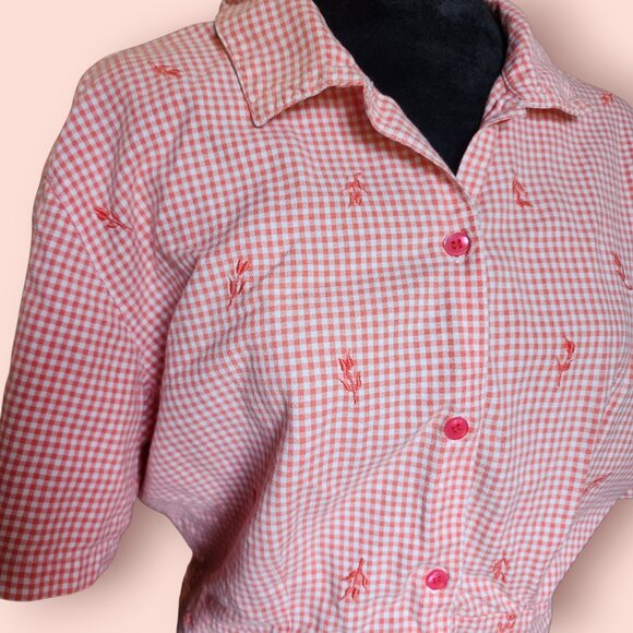 Vintage Jennifer Moore embroidered checkered gingham cropped button down shirt - Picture 3 of 9